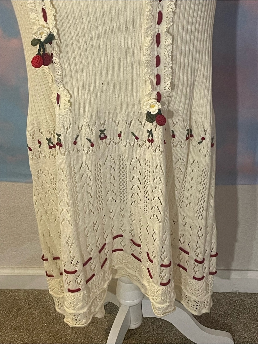NWT: Gorgeous Lace Made Cream Knit w/Red Ribbon & Cherry Crochet Details - Picture 8 of 15